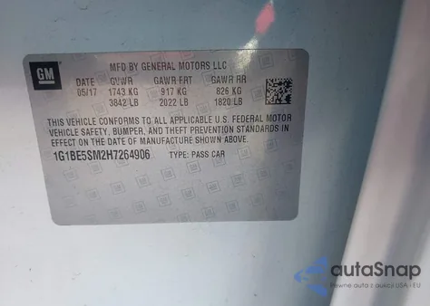 2017 Chevrolet Cruze Lt from USA, damaged, VIN 1G1BE5SM2H7264906